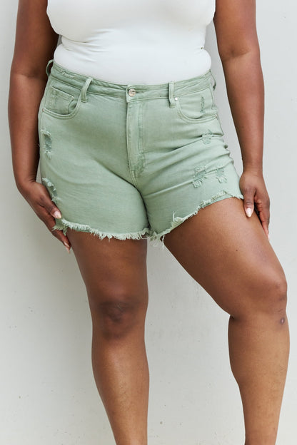 RISEN Katie  High Waisted Distressed Shorts in Gum Leaf