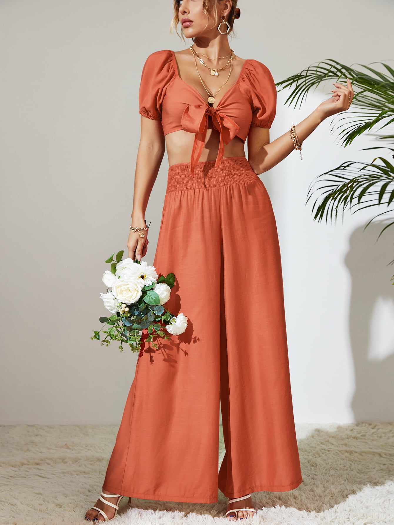 Tie Front Cropped Top and Smocked Wide Leg Pants Set Trendsi