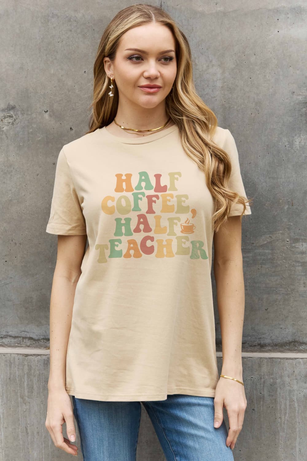 Simply Love HALF COFFEE HALF TEACHER Graphic Cotton Tee