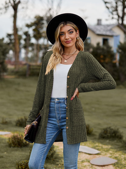 Ribbed Button-UP Cardigan with Pockets