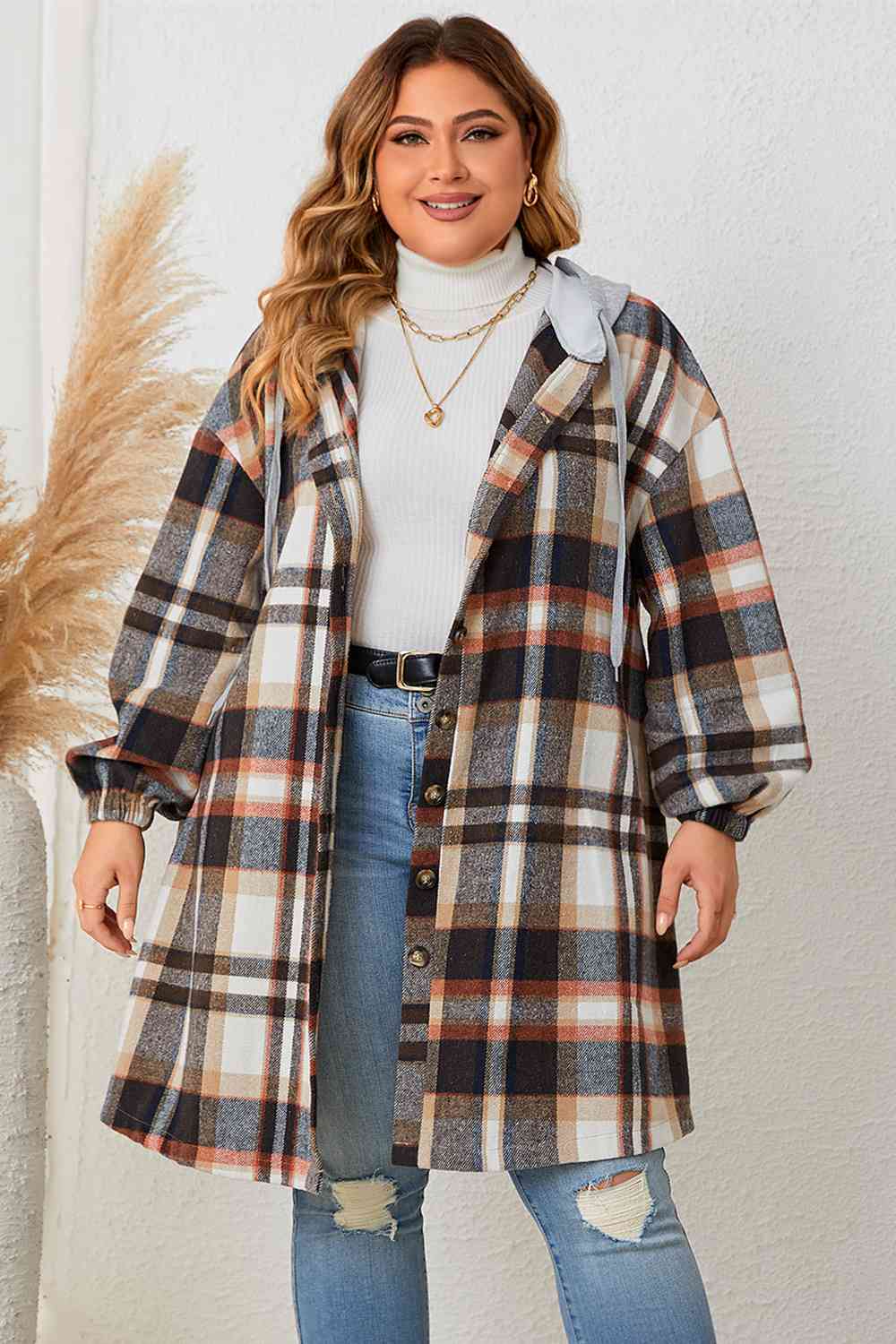 Plus+ Plaid Drop Shoulder Hooded Coat