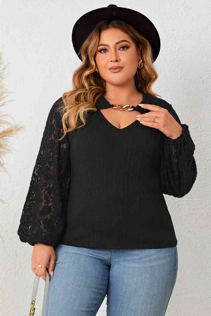 Plus+ Cutout Front Lace Sleeve Blouse