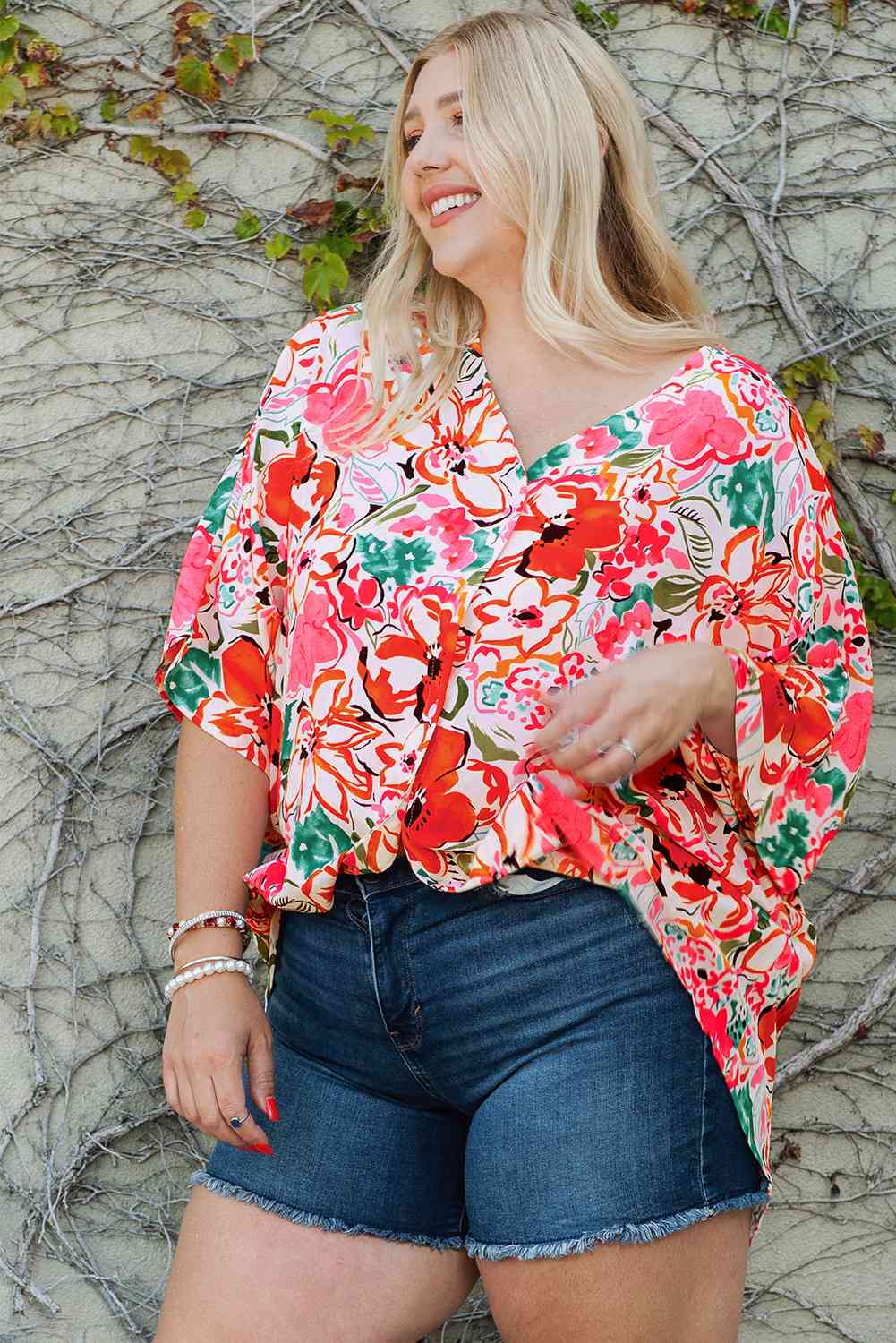 Plus+ Floral V-Neck Half Sleeve Shirt