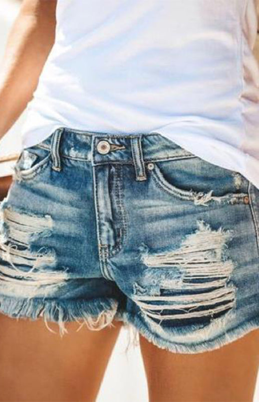 Fringed Cut-Out Denim Shorts kakaclo