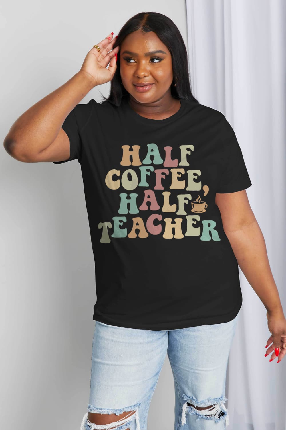 Simply Love HALF COFFEE HALF TEACHER Graphic Cotton Tee