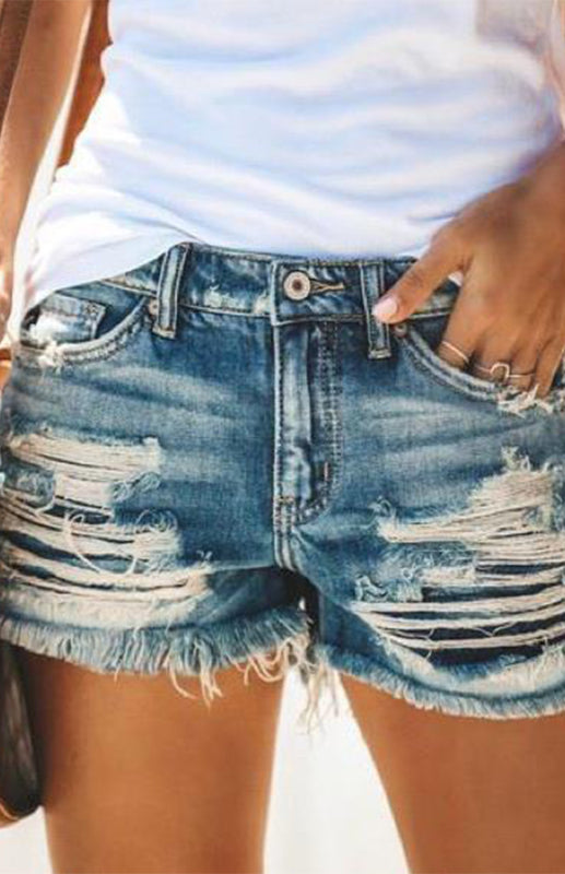 Fringed Cut-Out Denim Shorts kakaclo