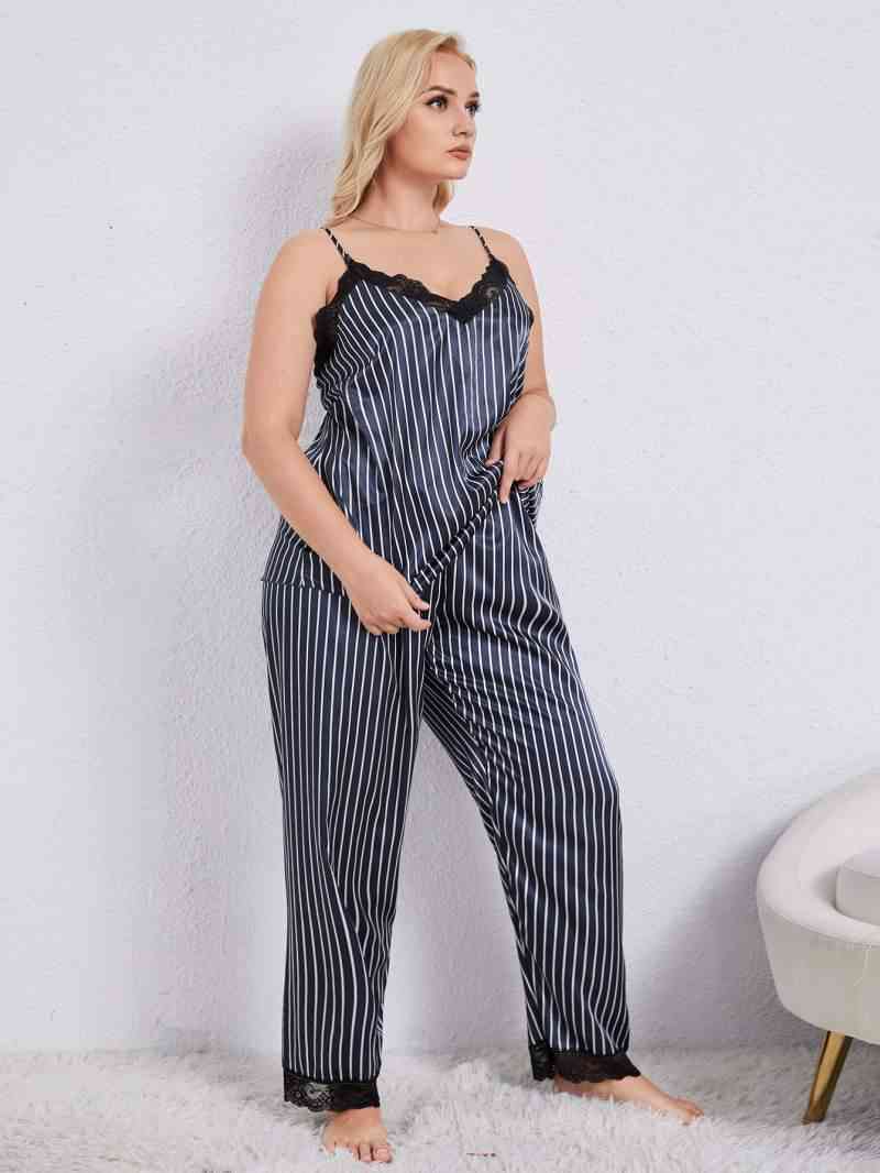 Plus+ Vertical Stripe Lace Trim Cami and Pants Pajama Set