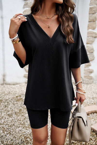 V-Neck Dropped Shoulder Top and Shorts Set