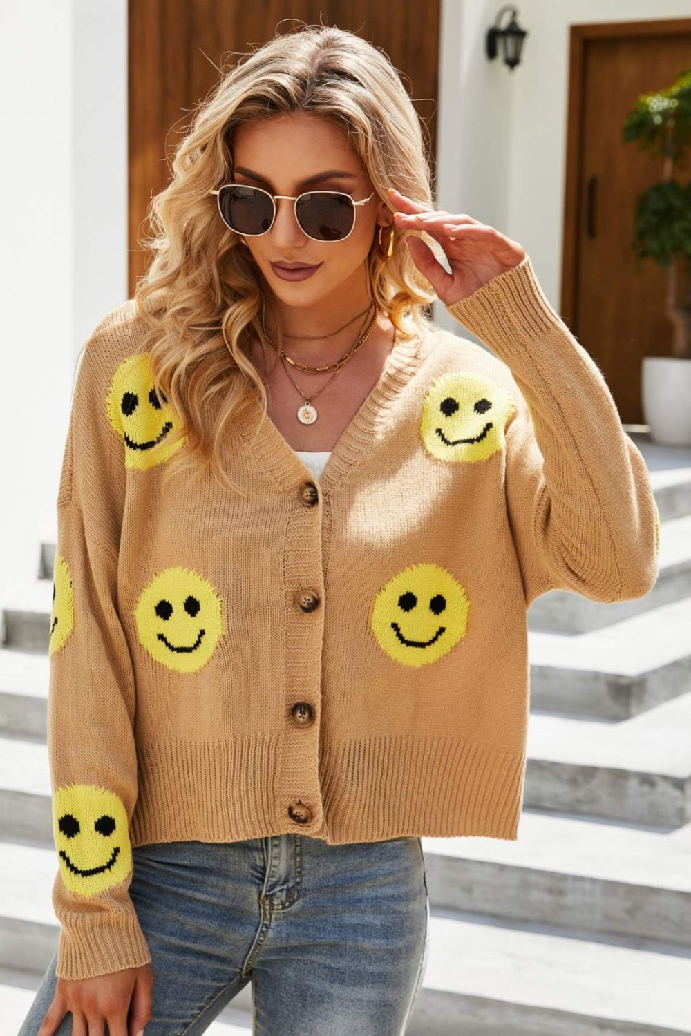 Smiley Face Ribbed Trim V-Neck Cardigan Trendsi