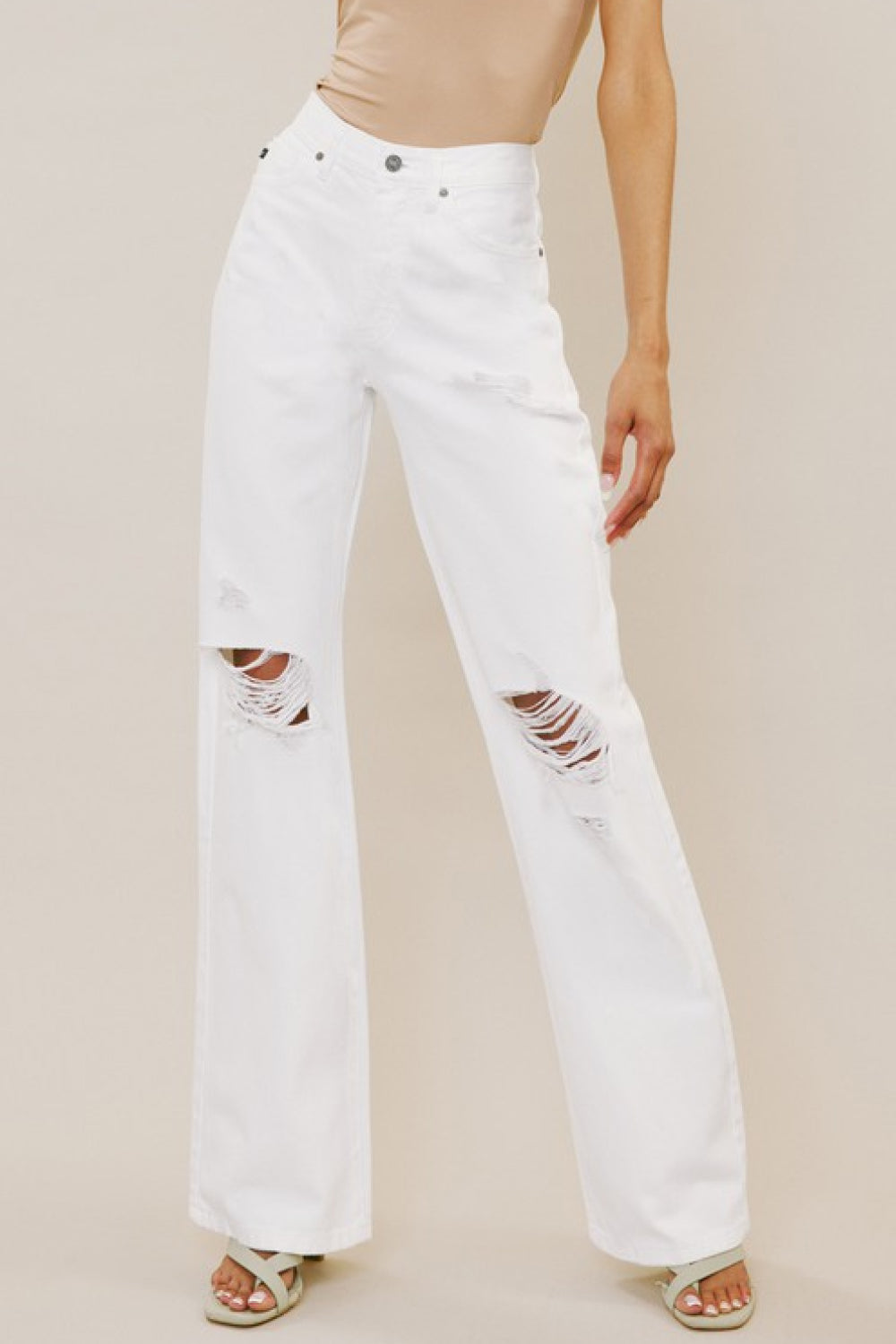 High Rise Distressed Flare Jeans - White Trendsi