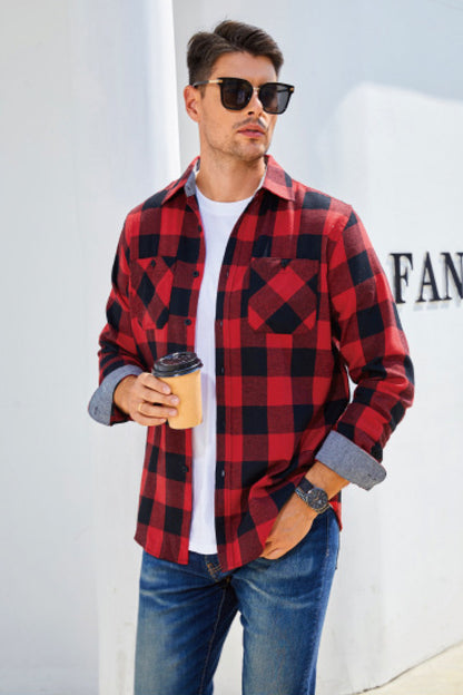 Men's Plaid Button Front Long Sleeve Shirt with Breast Pockets Trendsi