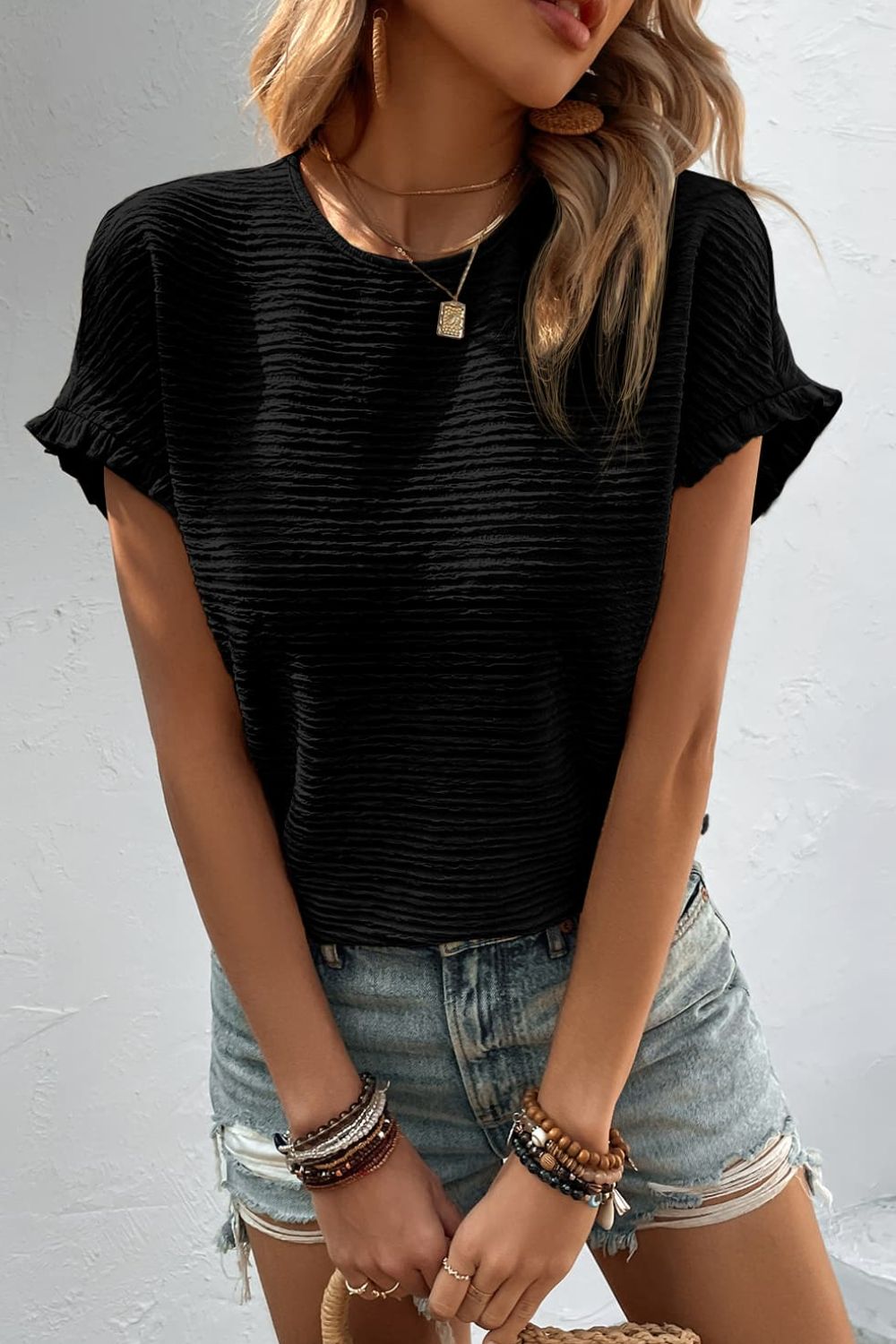 Textured Round Neck Short Sleeve Top Trendsi