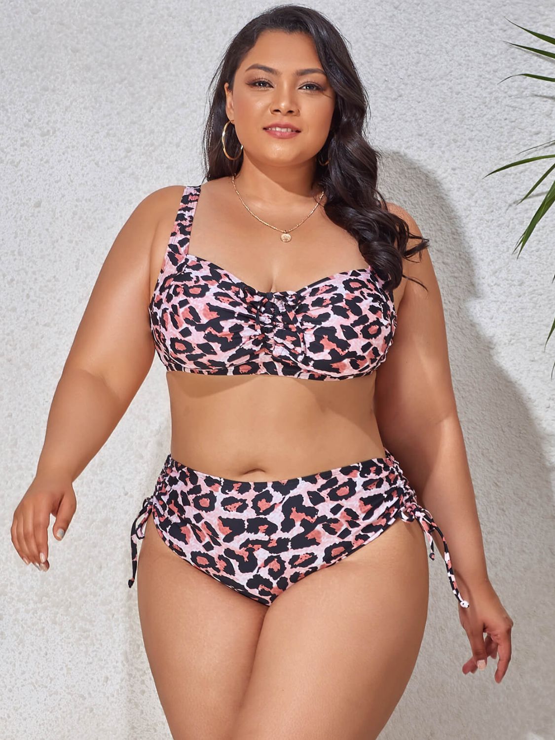 Gem Plus Printed Drawstring Detail Bikini Set Trendsi