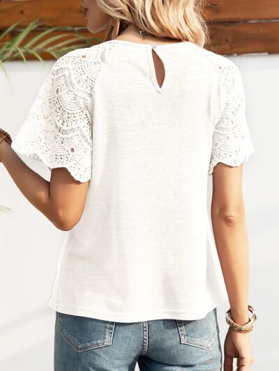 Openwork Round Neck Short Sleeve T-Shirt