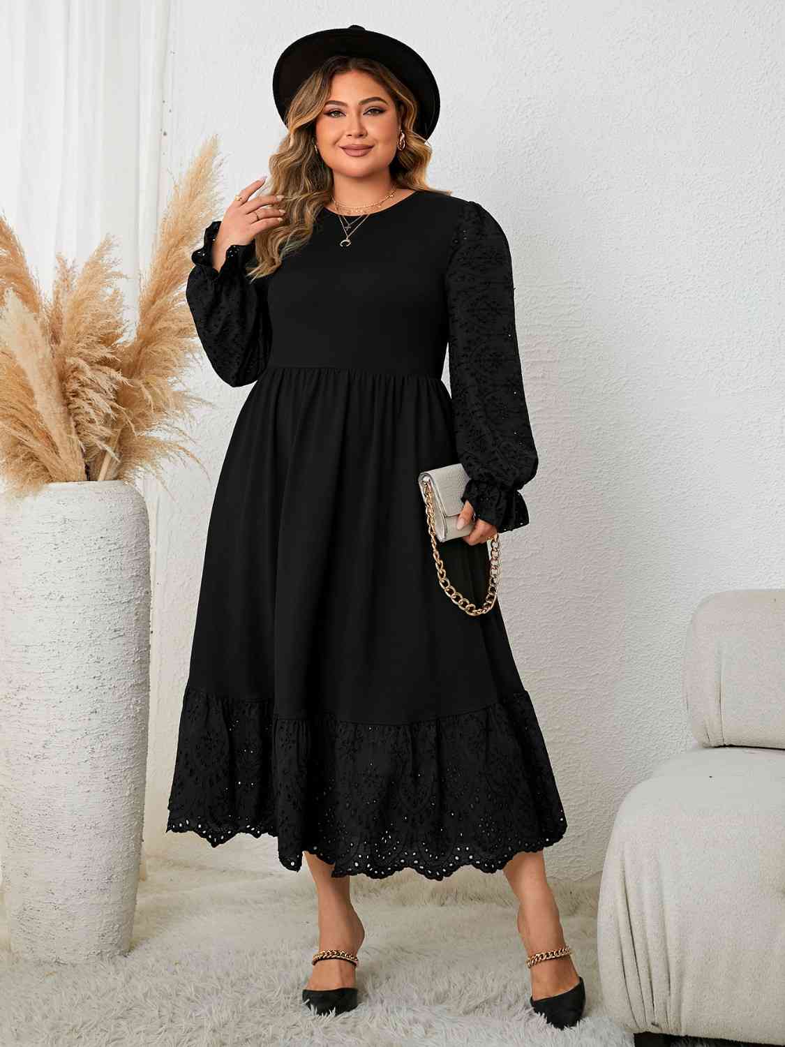 Plus+ Flounce Sleeve Lace Detail Dress