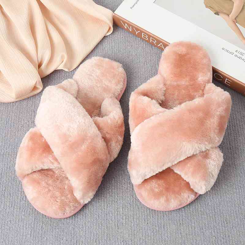 Faux Fur Crisscross Strap Slippers