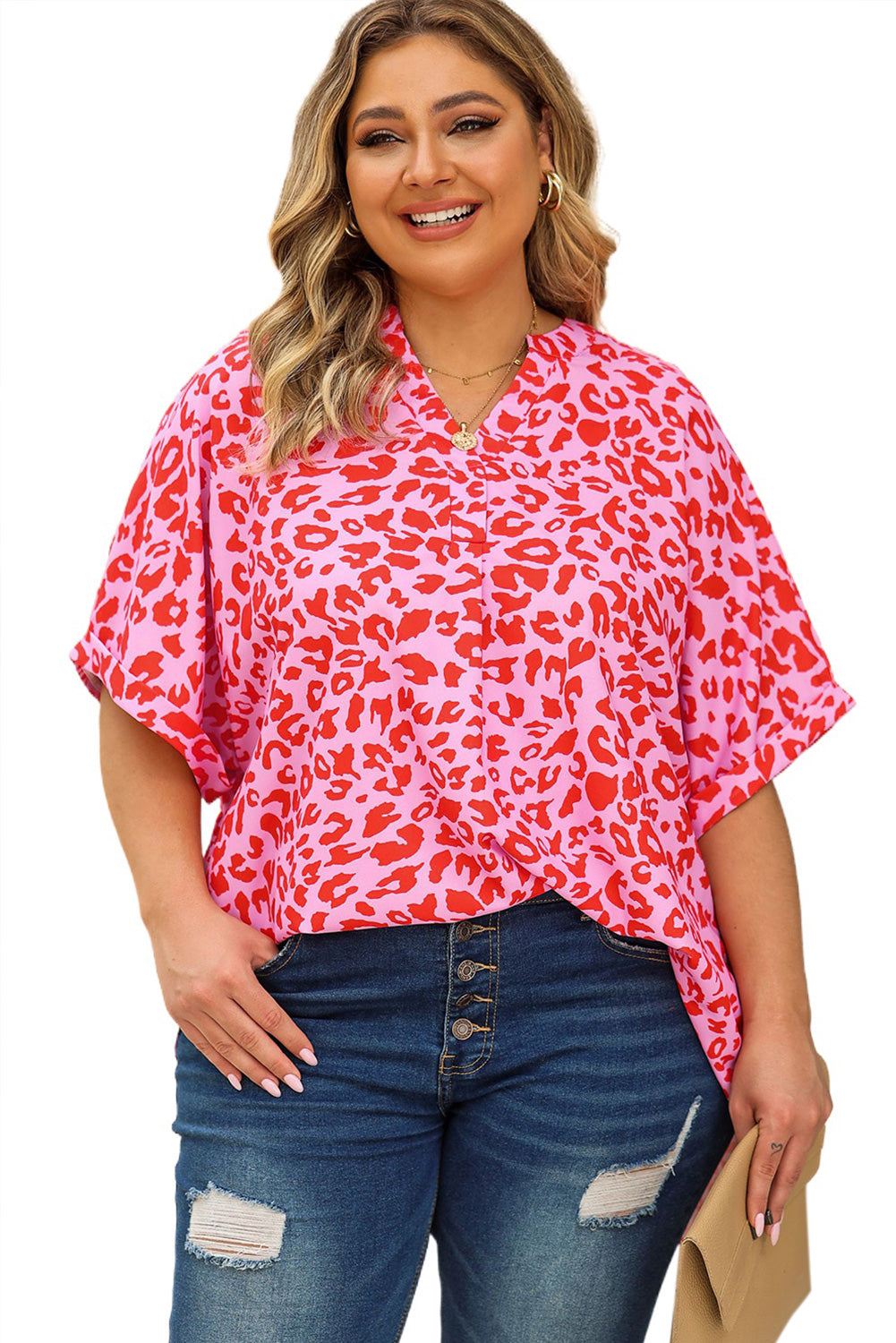 Gem Plus+ Printed Notched Neck Half Sleeve Top