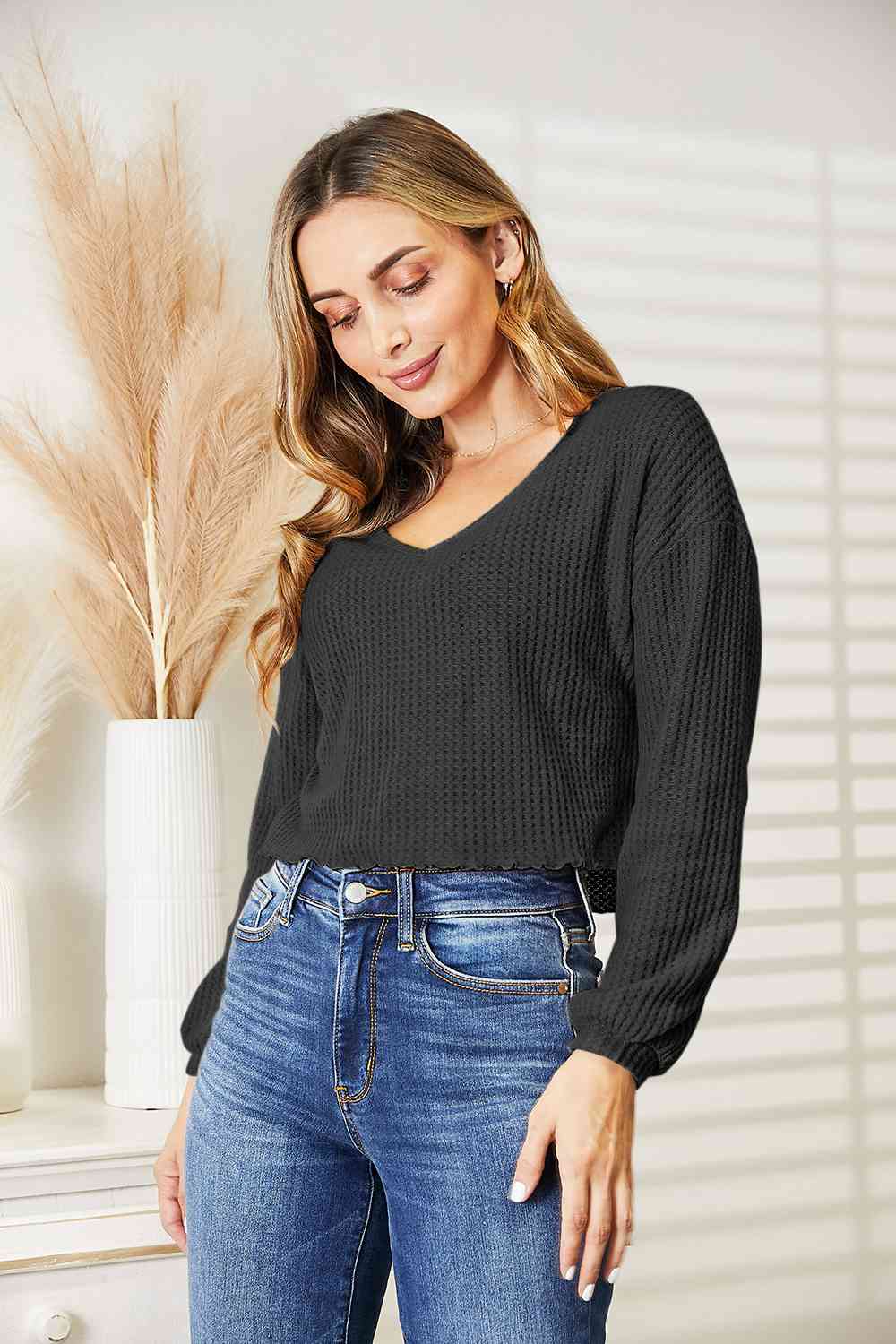 Waffle-Knit V-Neck Blouse