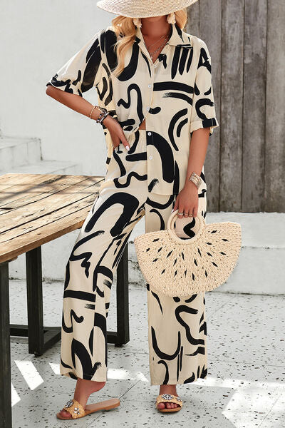 Printed Button Up Shirt and Pants Set