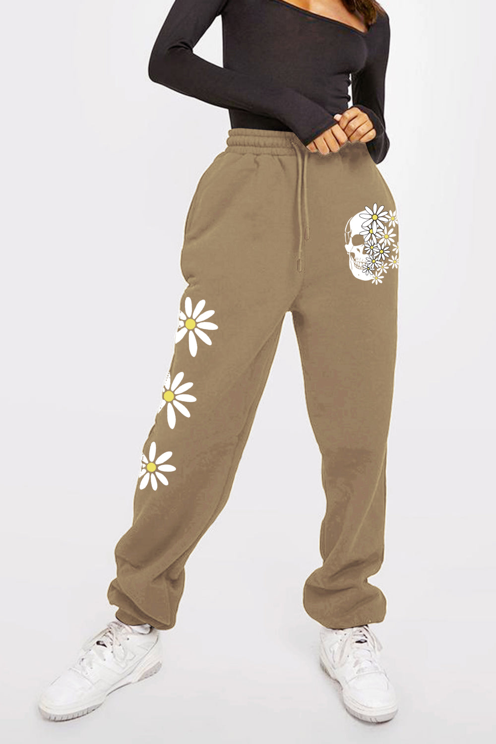 Simply Love Drawstring Flower & Skull Graphic Long Sweatpants