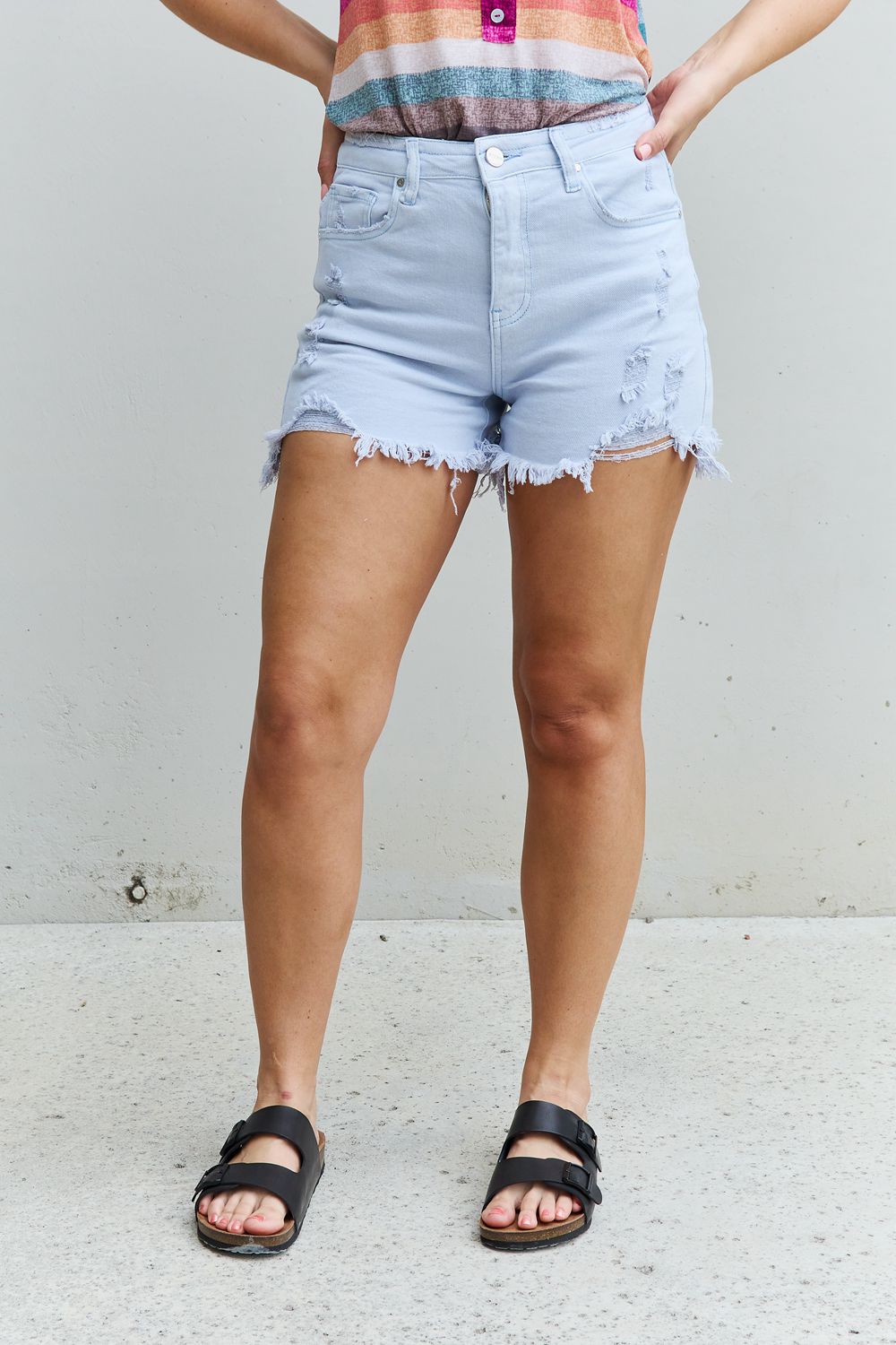 RISEN Katie High Waisted Distressed Shorts in Ice Blue