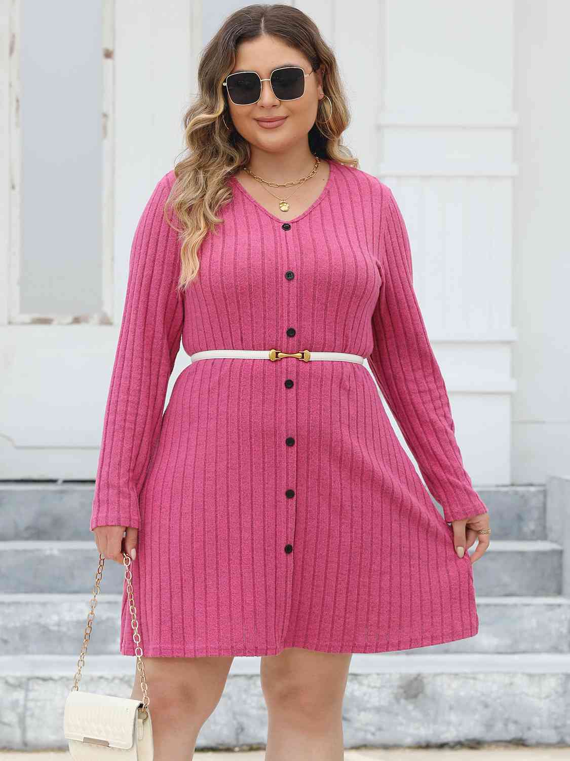 Plus+ Ribbed Buttoned V-Neck Long Sleeve Dress