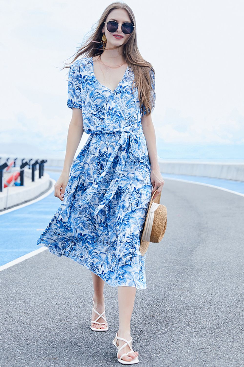 Belted Surplice Short Sleeve Midi Dress