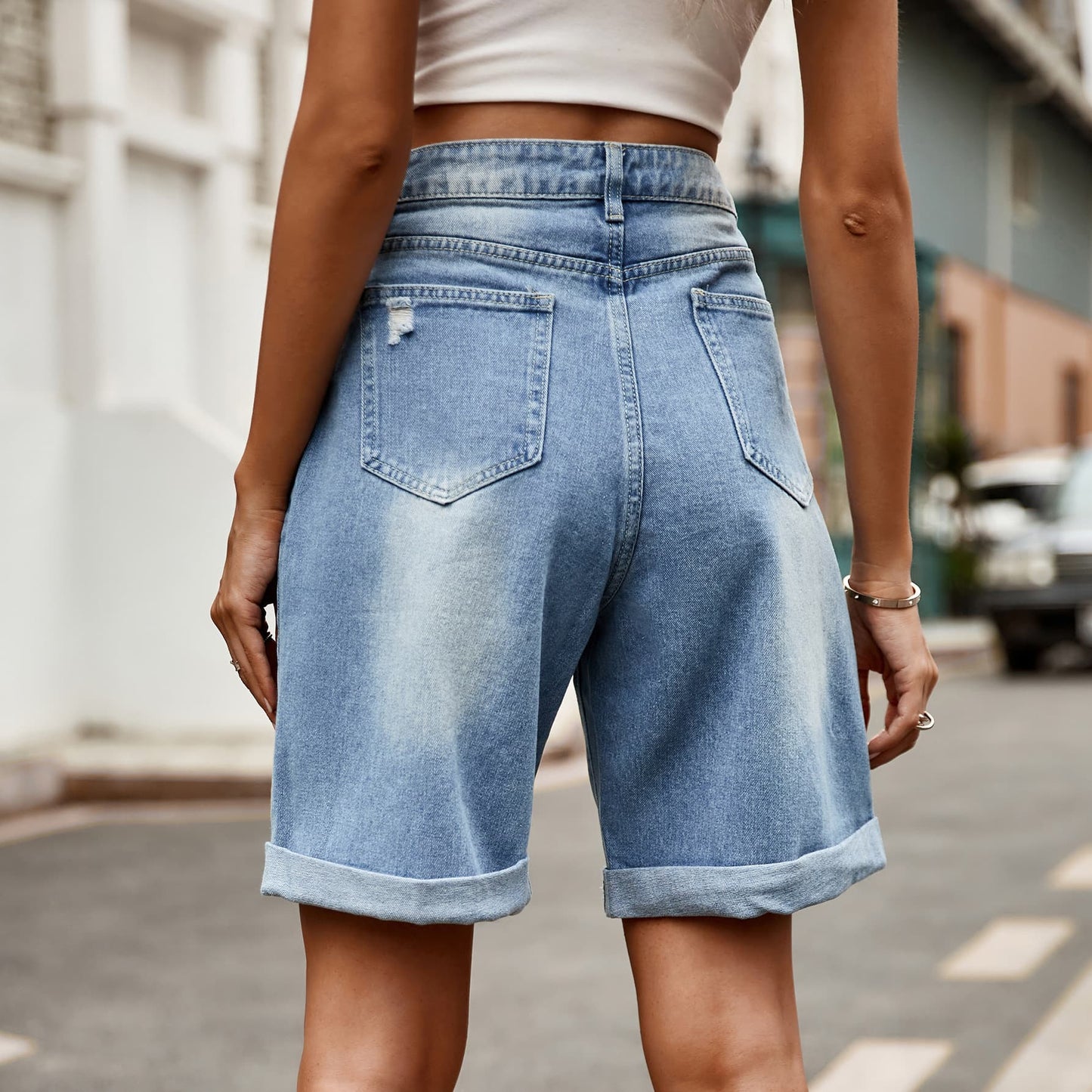 Distressed Buttoned Denim Shorts with Pockets Trendsi