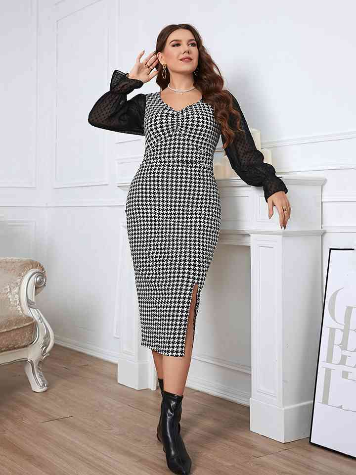 Plus+ Houndstooth Flounce Sleeve Slit Dress