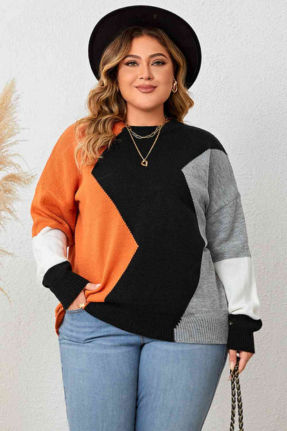 Plus+ Color Block Round Neck Knit Top