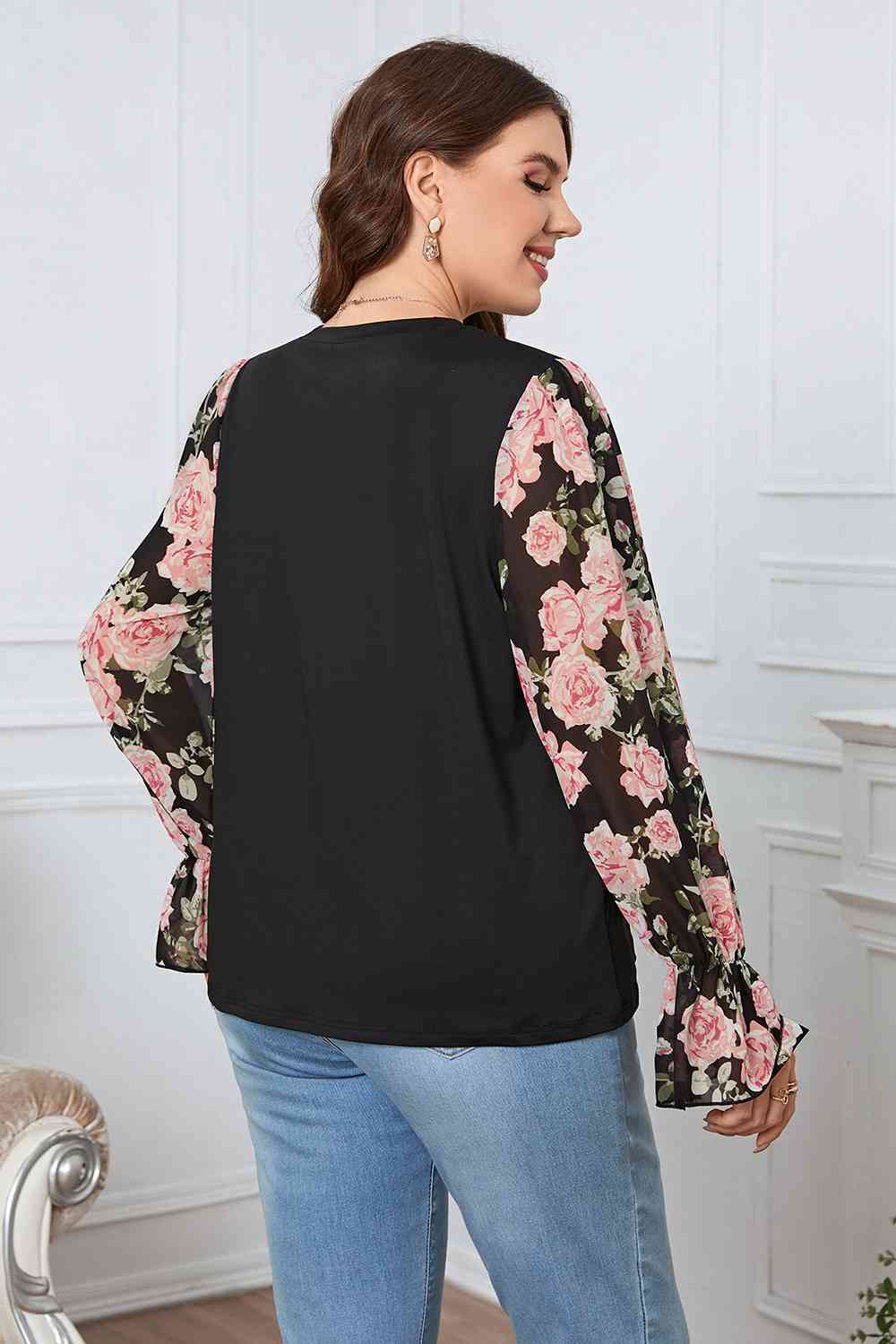 Plus+ Floral Flounce Sleeve Blouse