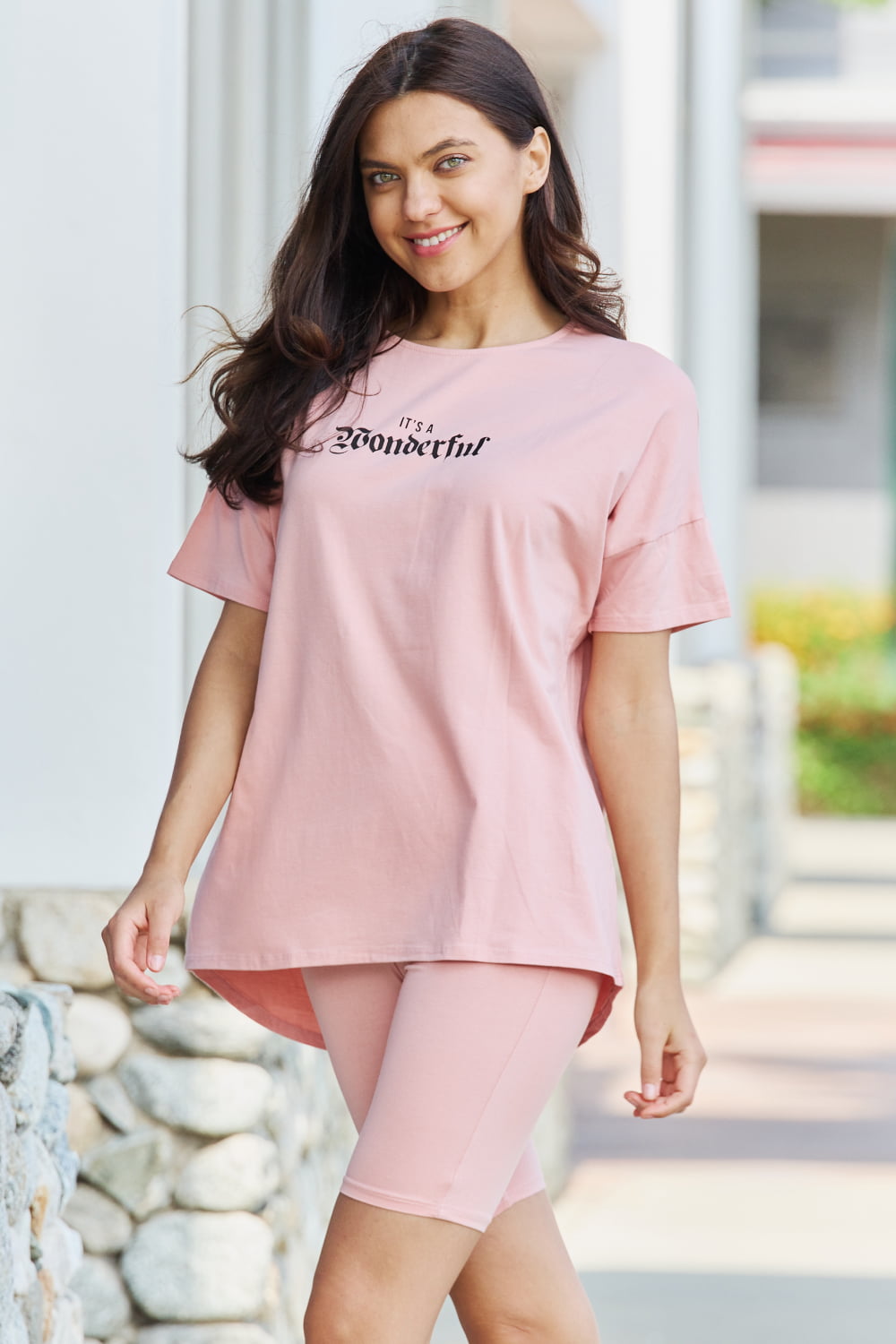 My Go-To  T-Shirt and Biker Shorts Lounge Set in Blush Trendsi