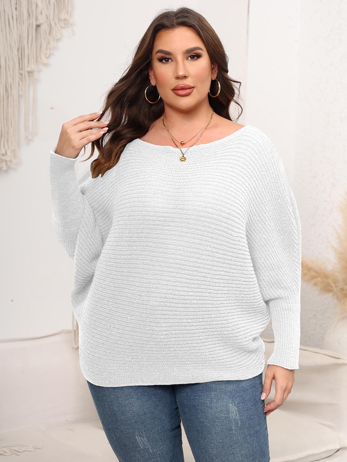 Boat Neck Batwing Sleeve Sweater