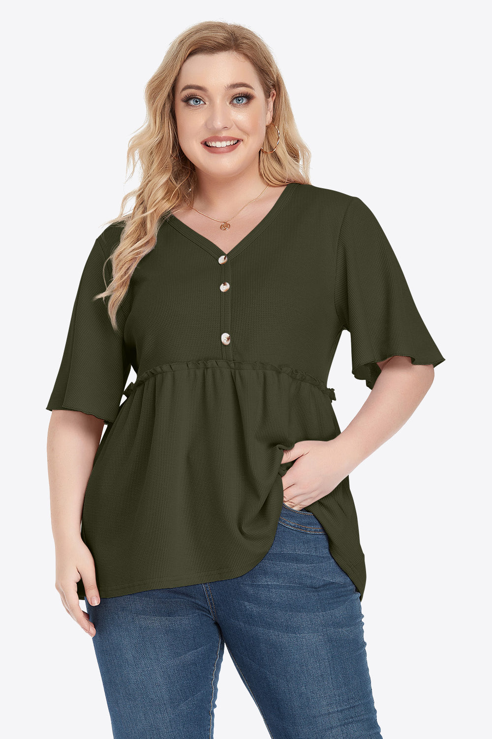 Gem Plus+ Buttoned V-Neck Frill Trim Doll Blouse