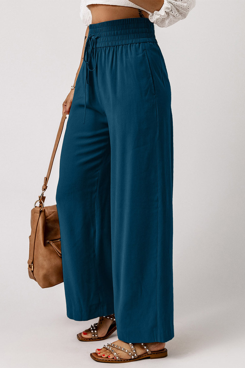 Drawstring Smocked Waist Wide Leg Pants Trendsi