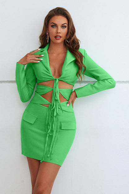 Cutout Tied Blazer and Skirt Set Trendsi