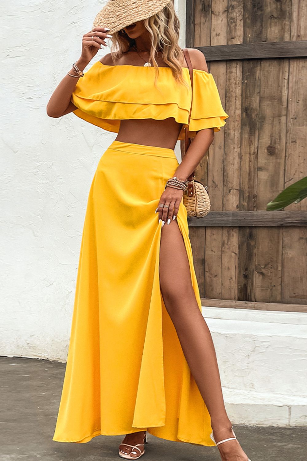 Layered Crop Top and Split Maxi Skirt Set Trendsi