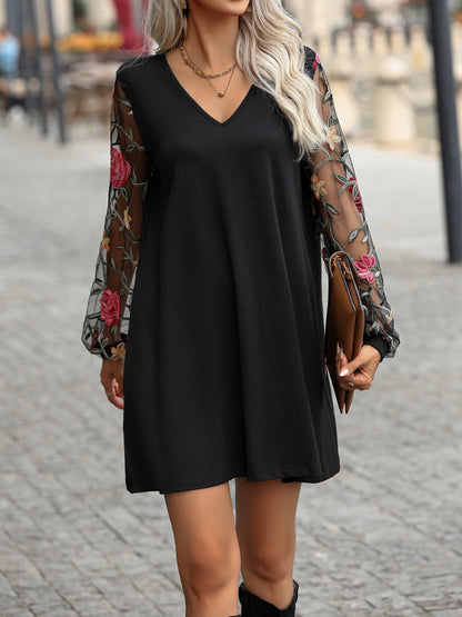 Embroidered V-Neck Long Sleeve Dress