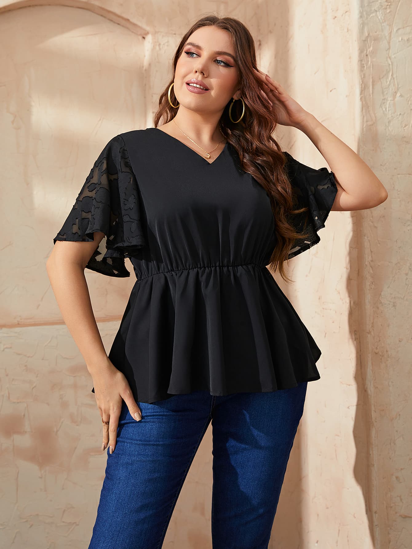 V-Neck Flutter Sleeve Doll Blouse