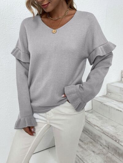 Ruffled V-Neck Dropped Shoulder Sweater