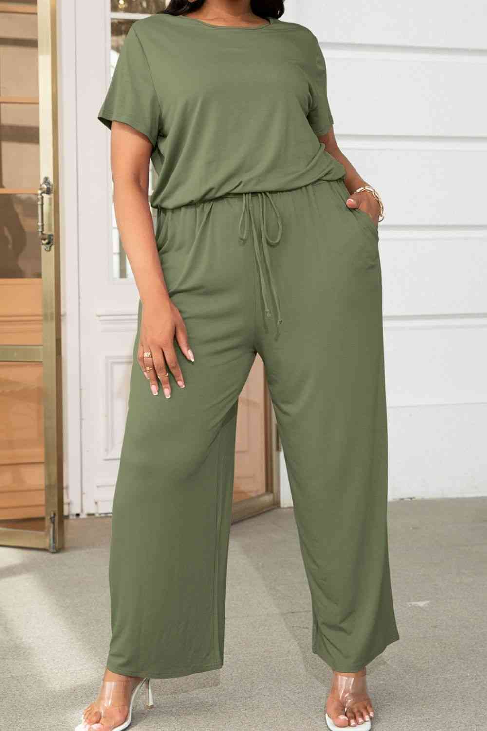 Plus+ Drawstring Waist Short Sleeve Jumpsuit