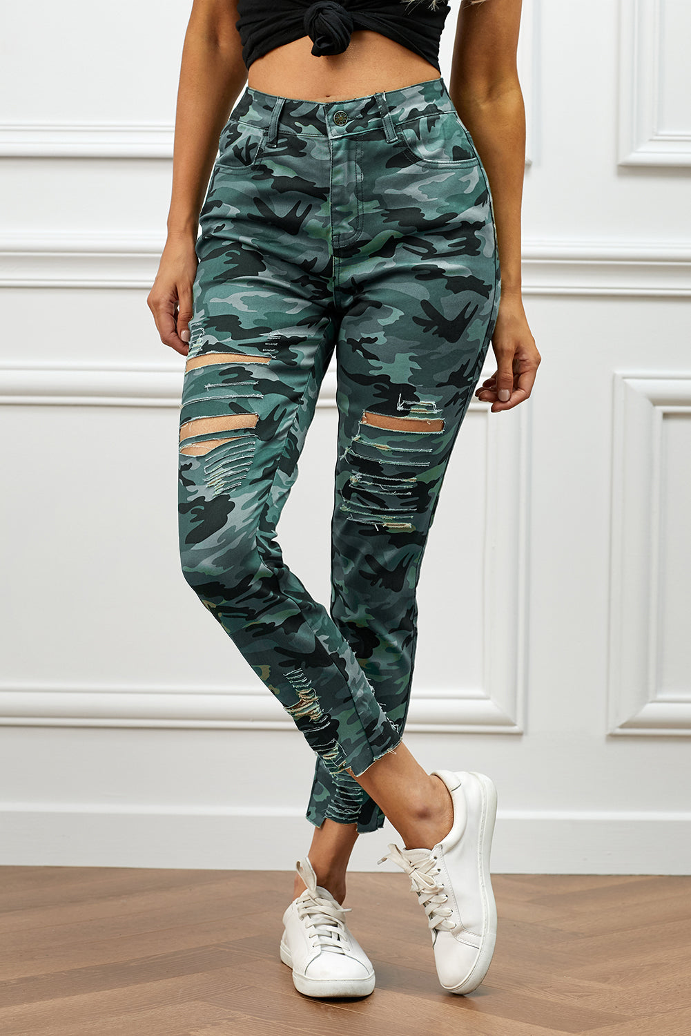 Distressed Camouflage Jeans Trendsi