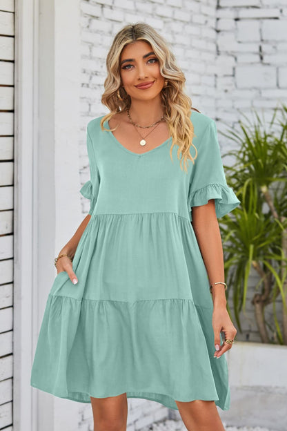 V-Neck Flounce Sleeve Tiered Dress