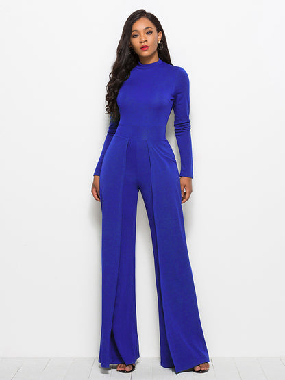 Long Sleeve Mock Neck Wide Leg Jumpsuit Trendsi