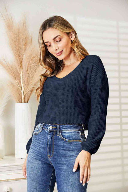 Waffle-Knit V-Neck Blouse