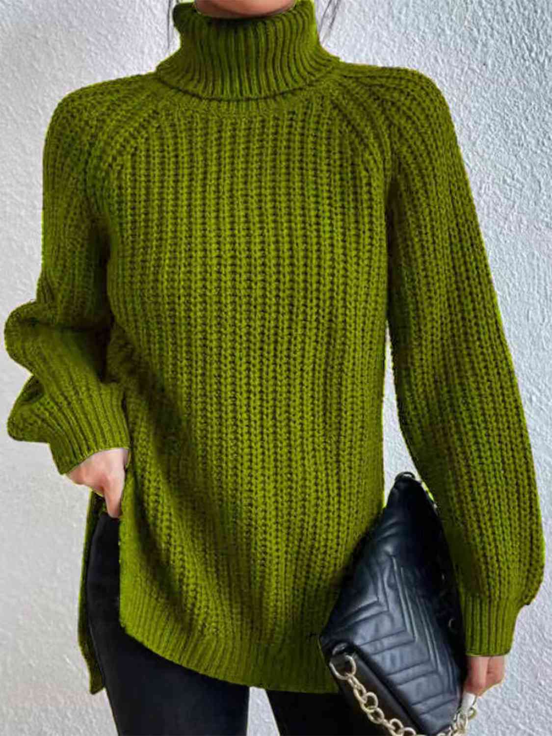 Turtleneck Rib-Knit Slit Sweater