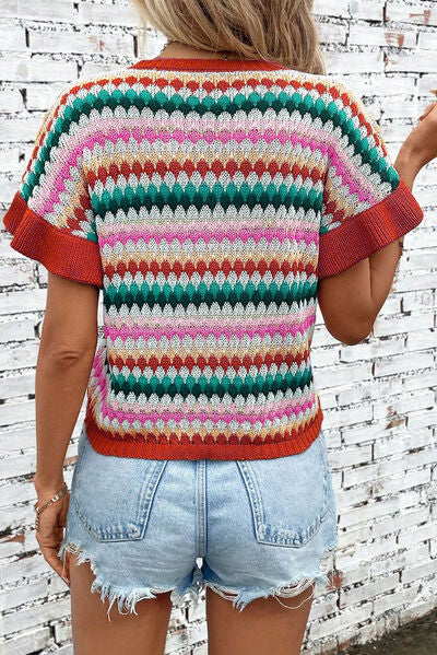 Striped Round Neck Short Sleeve Sweater