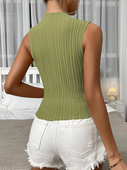 Mock Neck Ribbed Knit Tank Trendsi