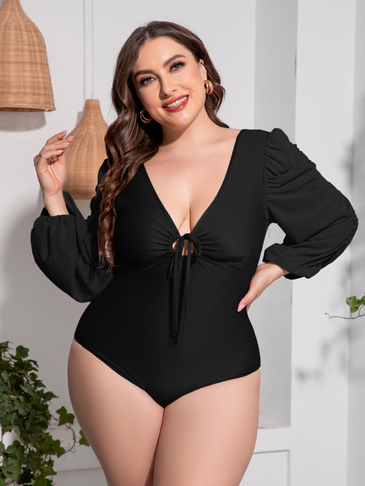 Gem Pus+ Tied Deep V Balloon Sleeve One-Piece Swimsuit Trendsi