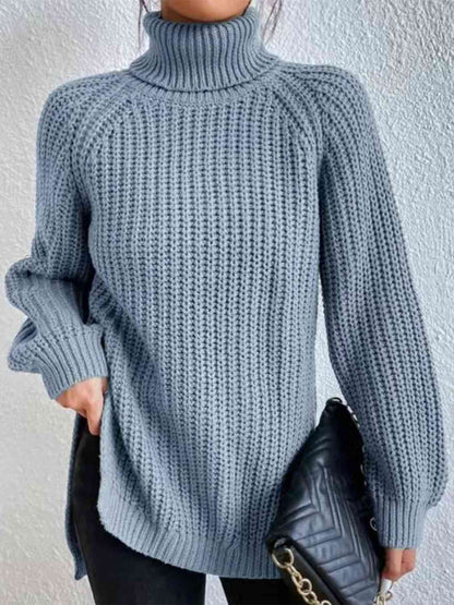 Turtleneck Rib-Knit Slit Sweater